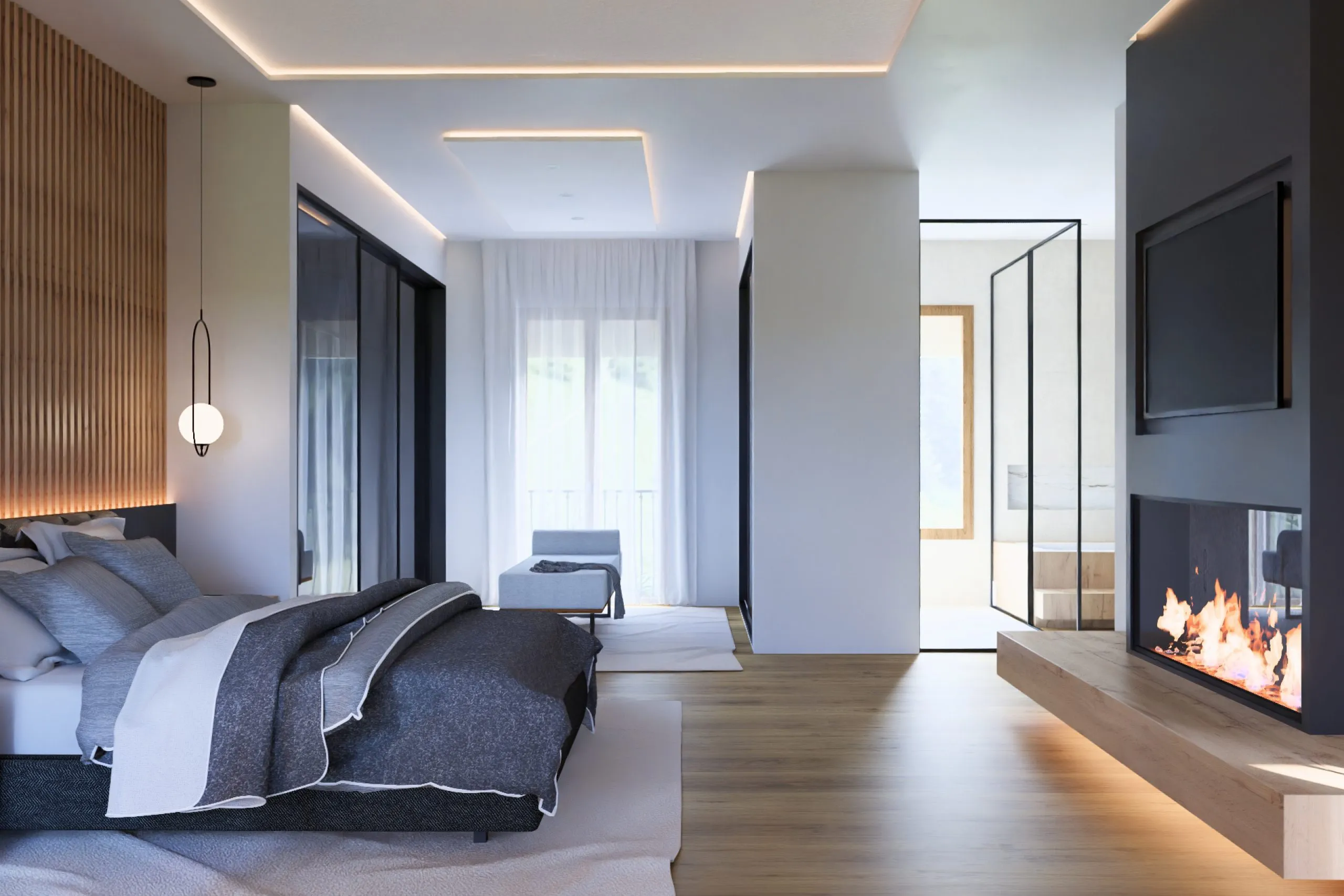 Dormitorio con chimenea de doble cara, vivienda Murillo, Palma