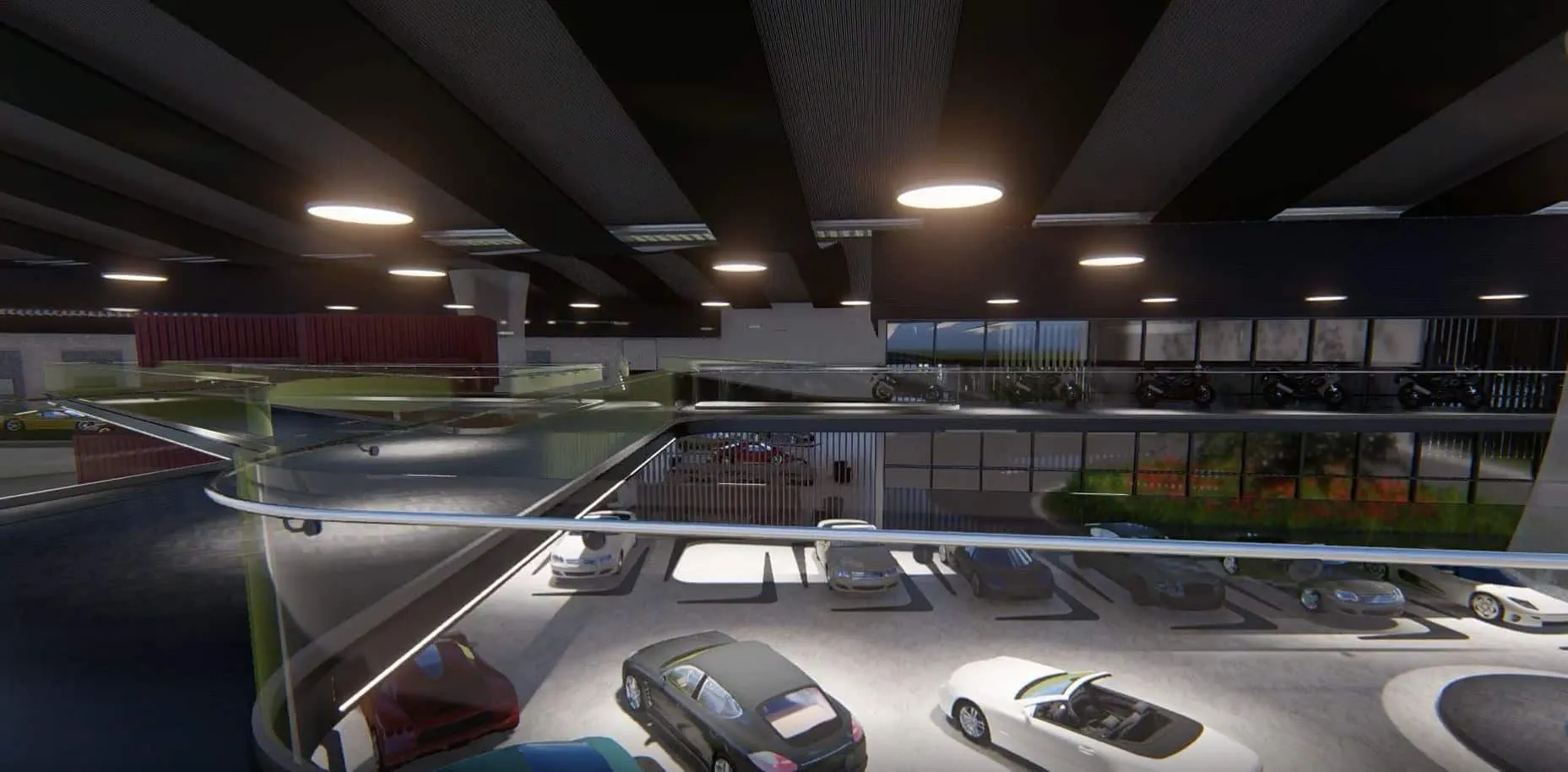 Render de la pasarela con barandilla de vidrio sobre la sala de exposición de World Car Center