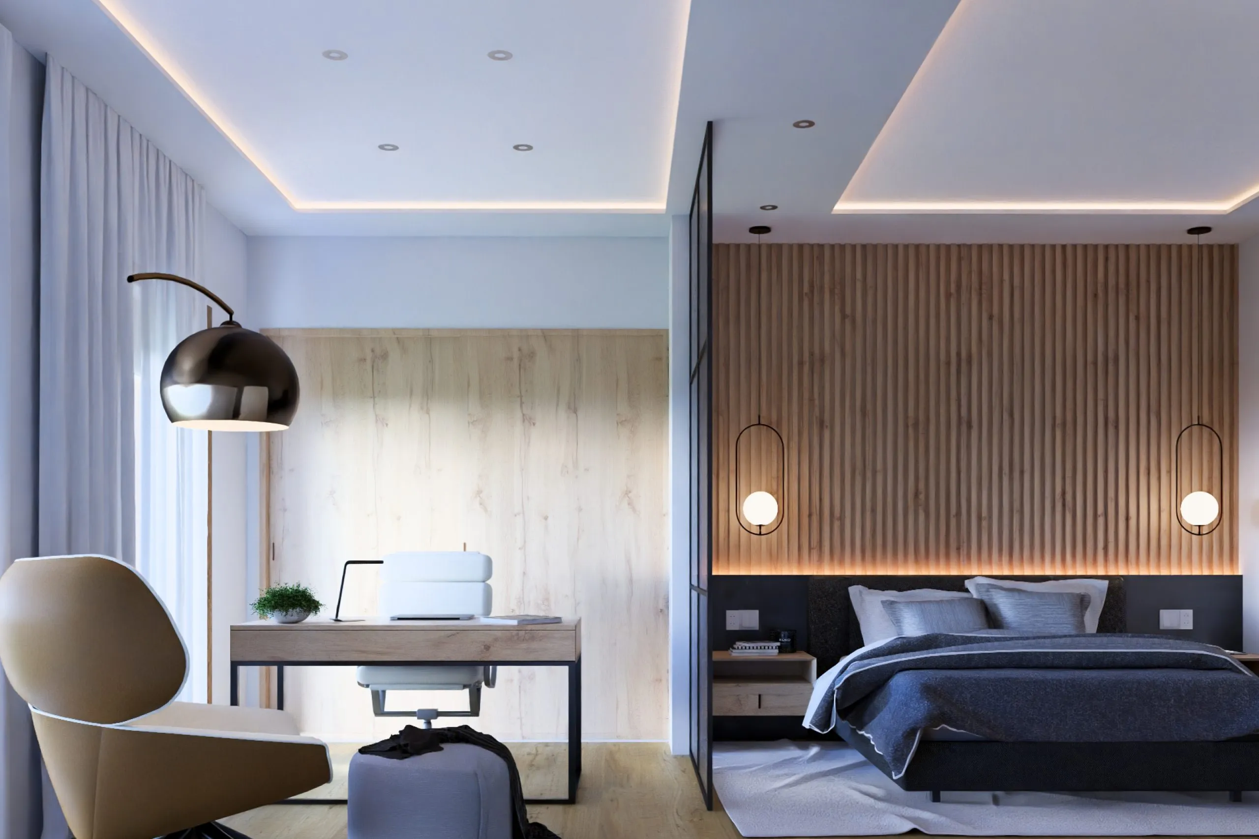 Dormitorio con zona de trabajo y cabecero de lamas, vivienda Murillo