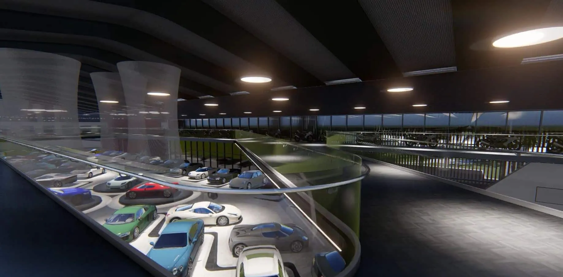 Render del interior de World Car Center con pasarela, coches y pantallas textiles