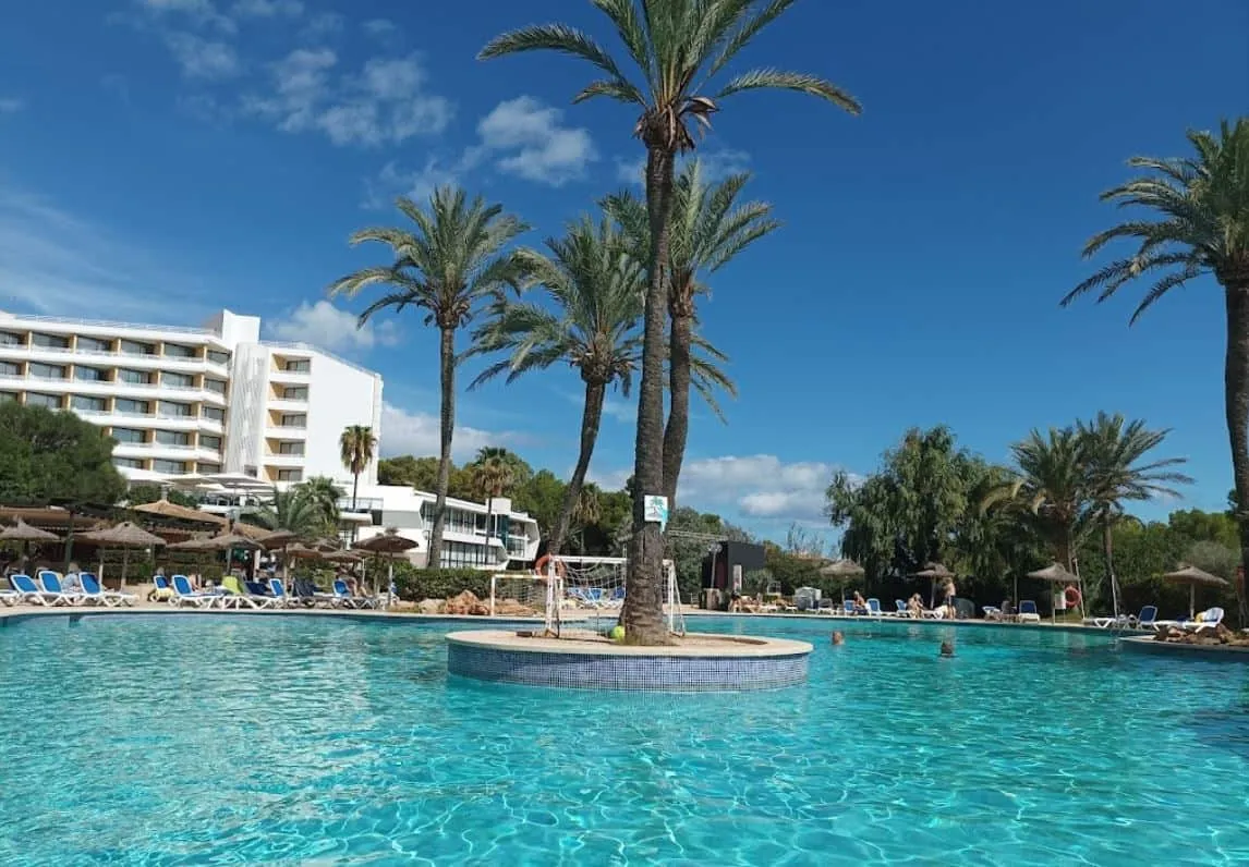 Piscina exterior con palmeras del Hotel Exagon Park en Can Picafort