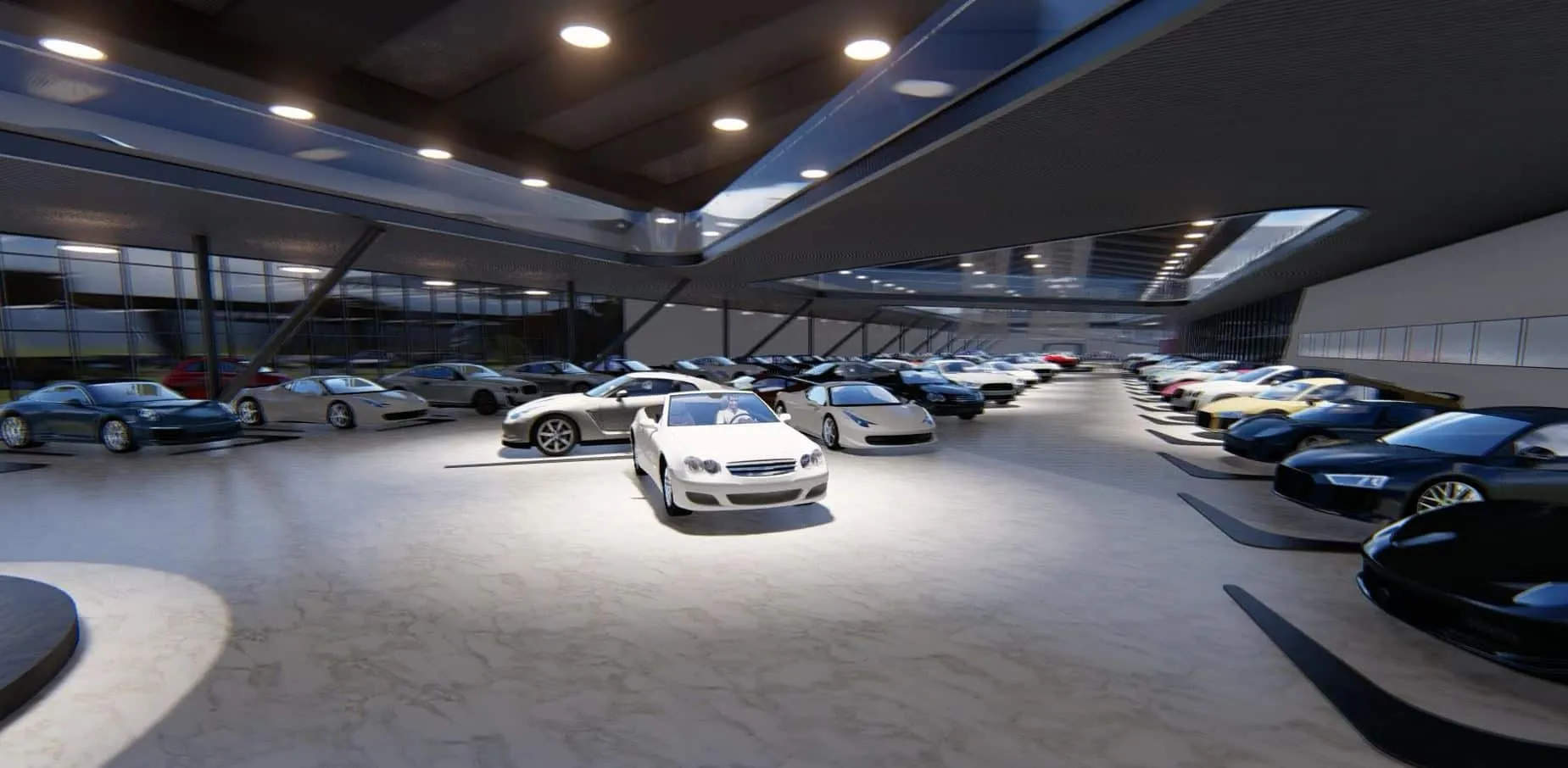 Render de la nave de exposición de World Car Center con filas de coches y lucernario