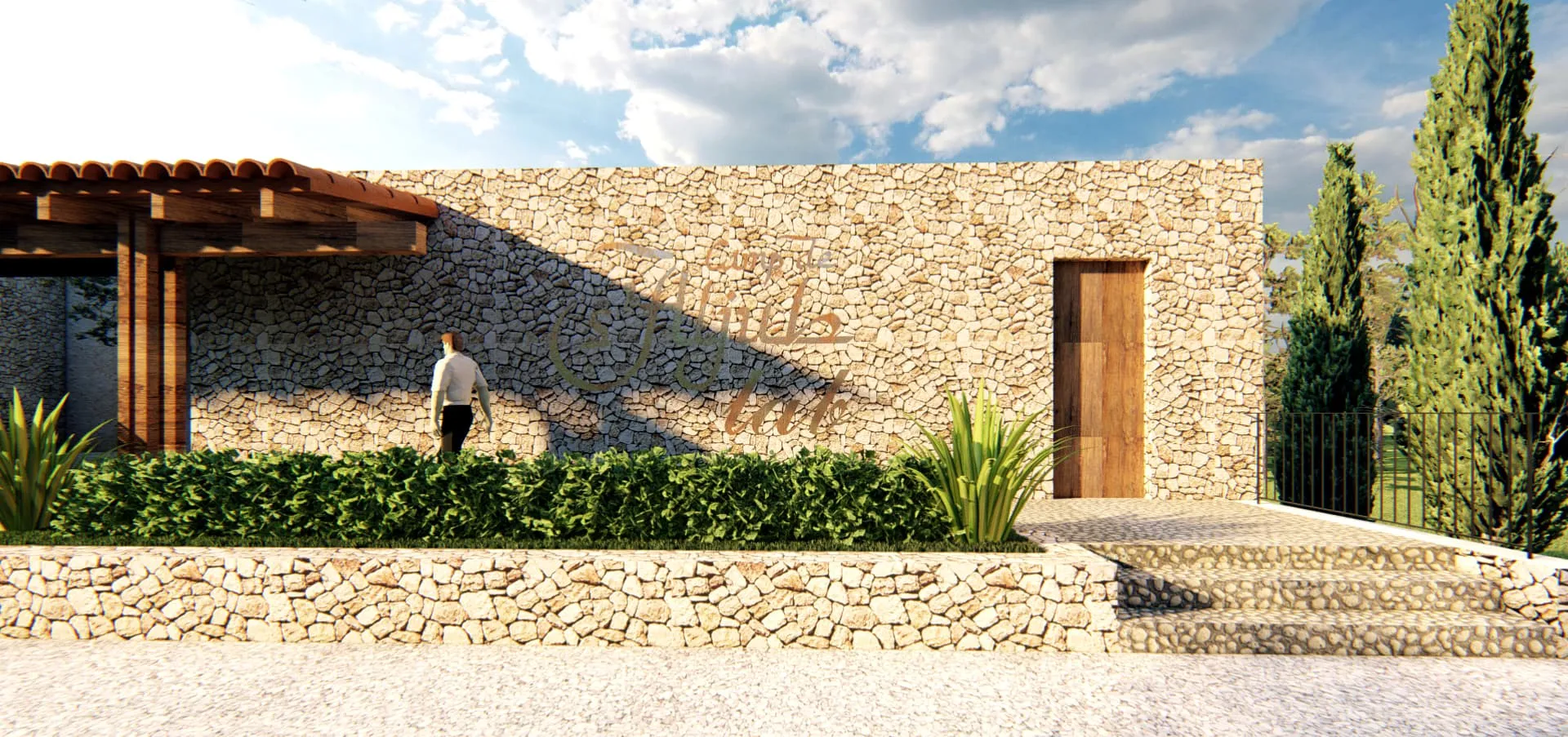 Muro de piedra con puerta de madera y seto en el proyecto Saljub