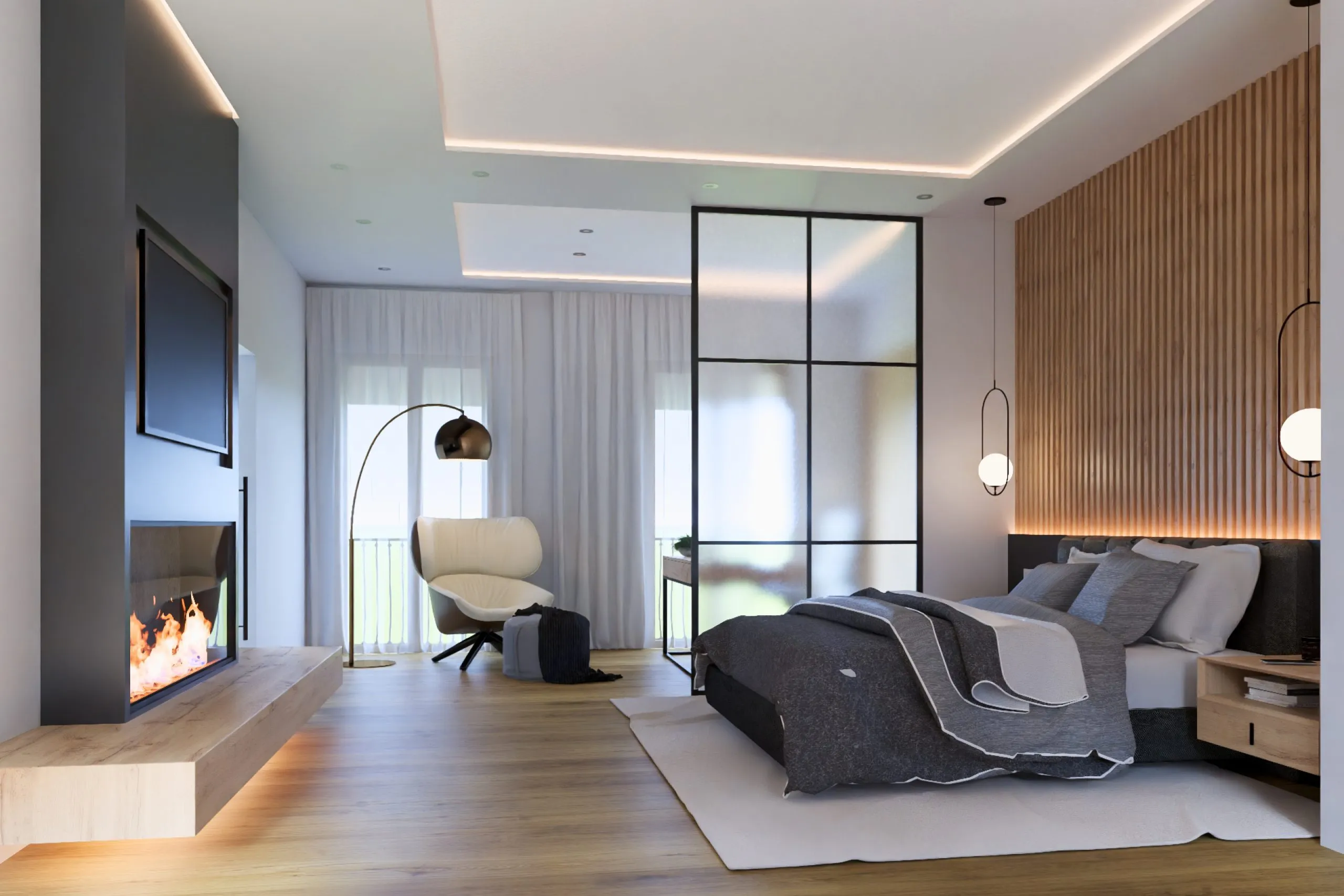 Dormitorio con chimenea y sillón junto a mampara negra, vivienda Murillo