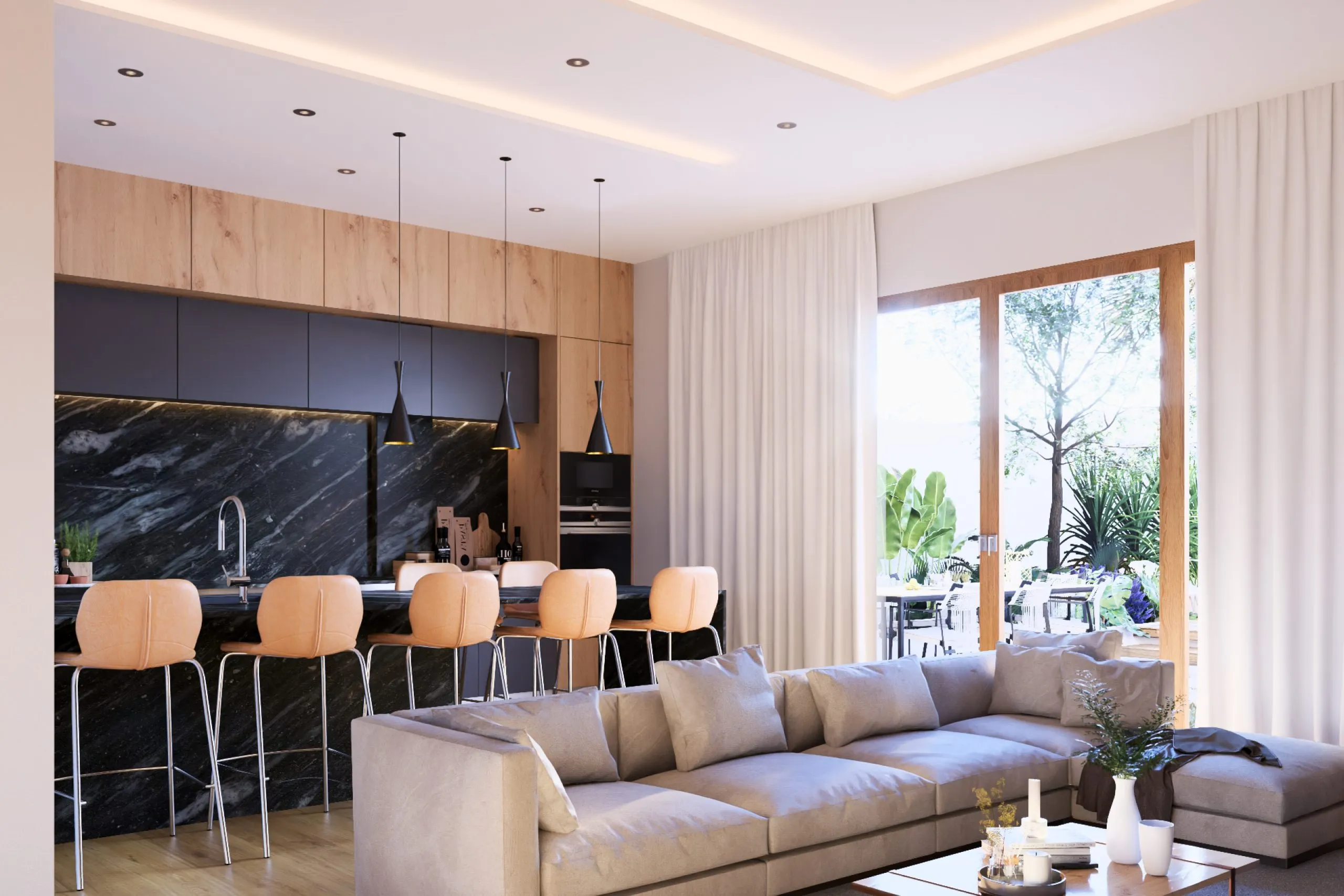Salón comedor con cocina y salida al jardín, vivienda Murillo, Palma