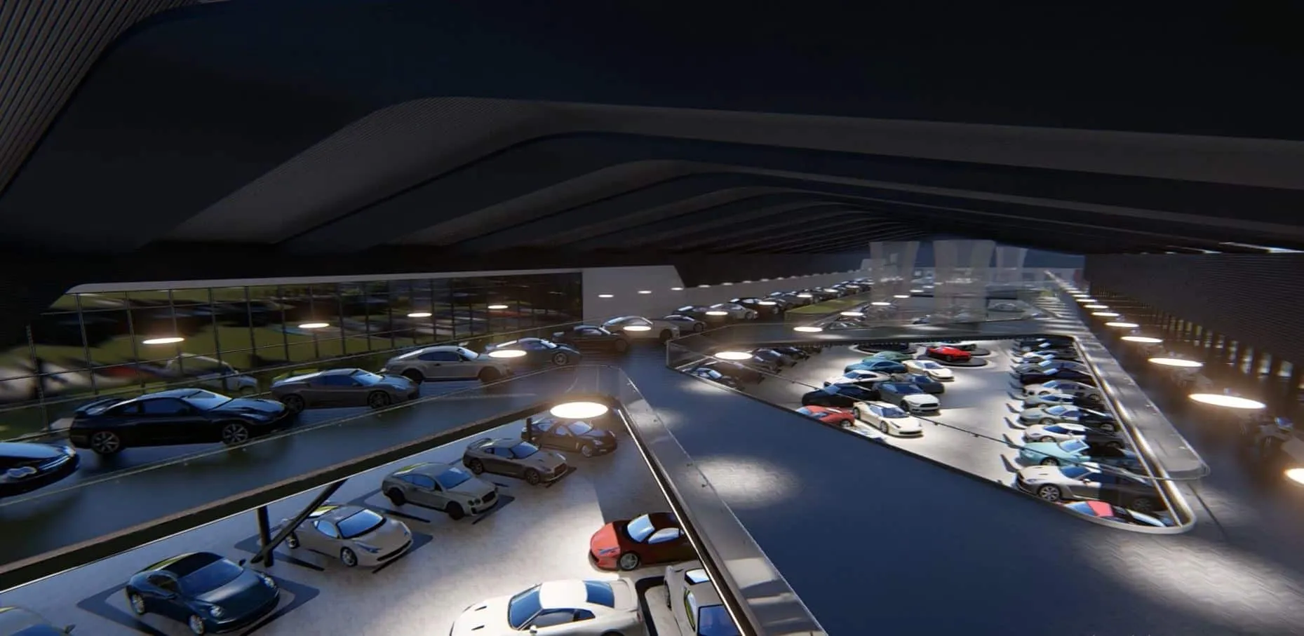Render a vista elevada de la sala de World Car Center con coches y luminarias circulares