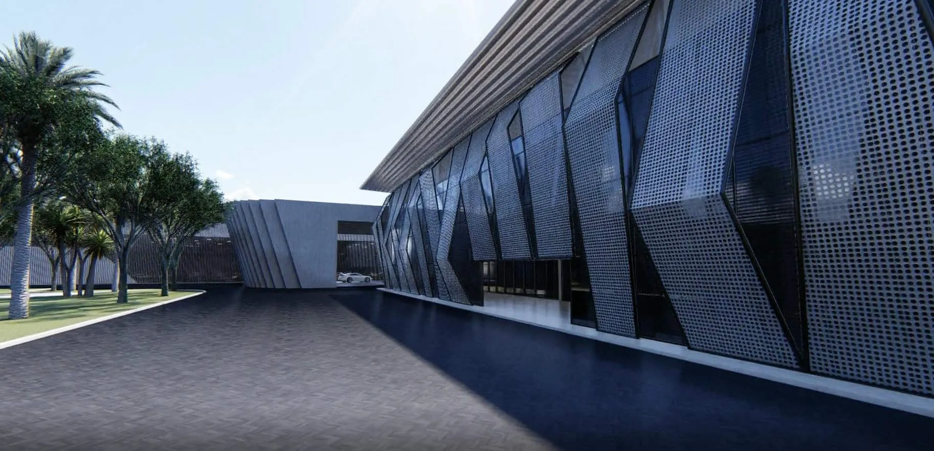 Render del acceso y de la fachada facetada de World Car Center en Palma