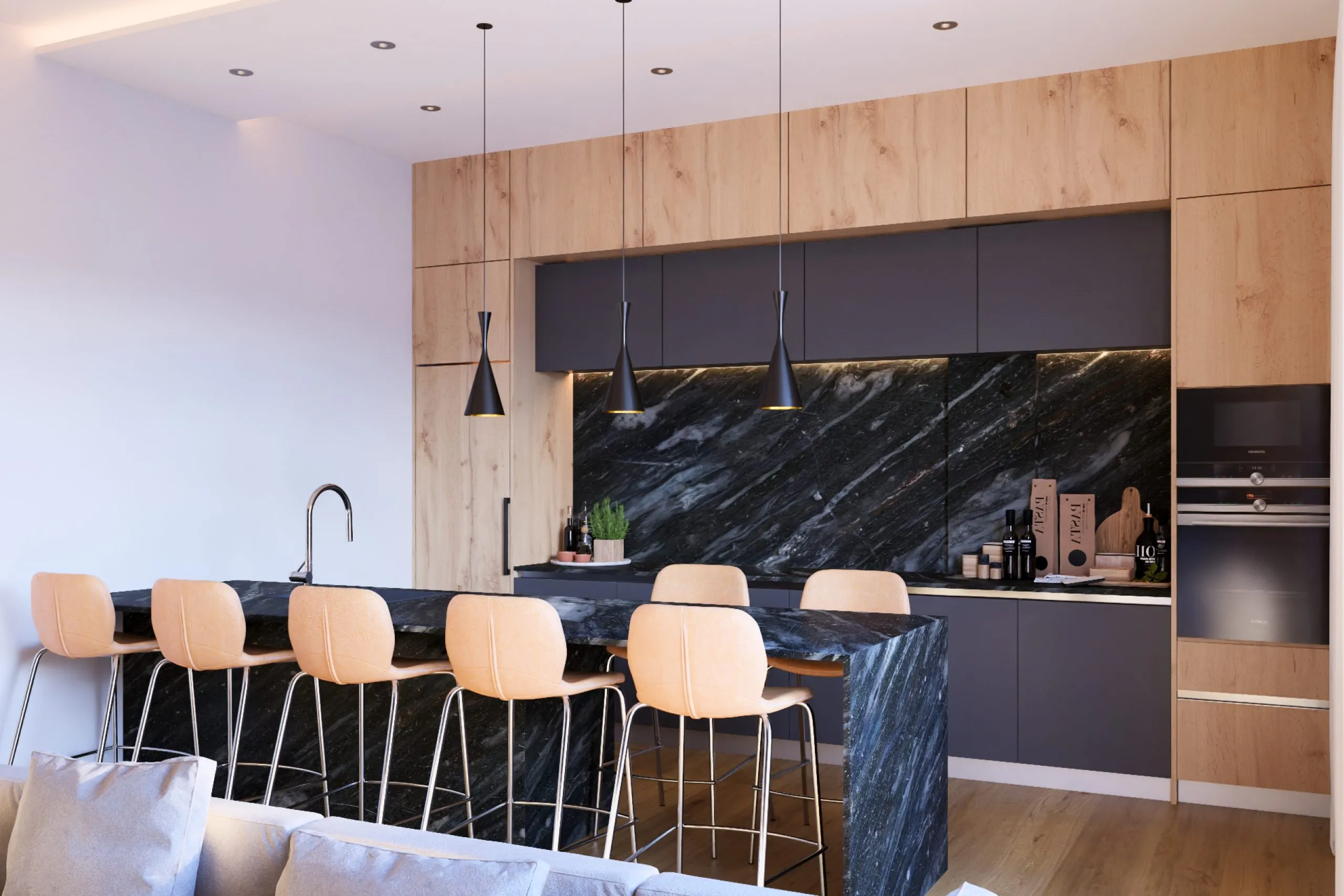 Cocina con isla de piedra oscura y muebles de madera, vivienda Murillo