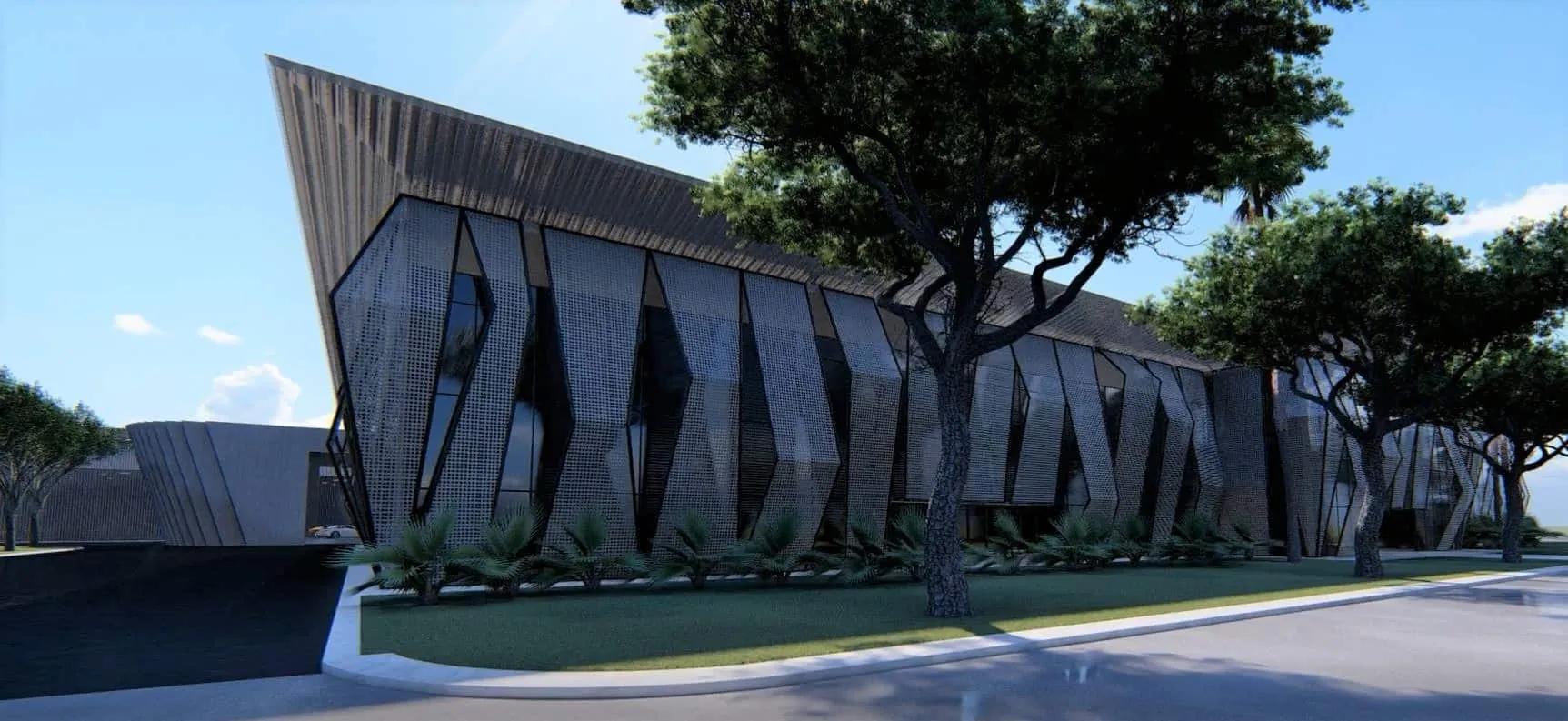 Render de la fachada lateral de World Car Center en Palma con cubierta inclinada
