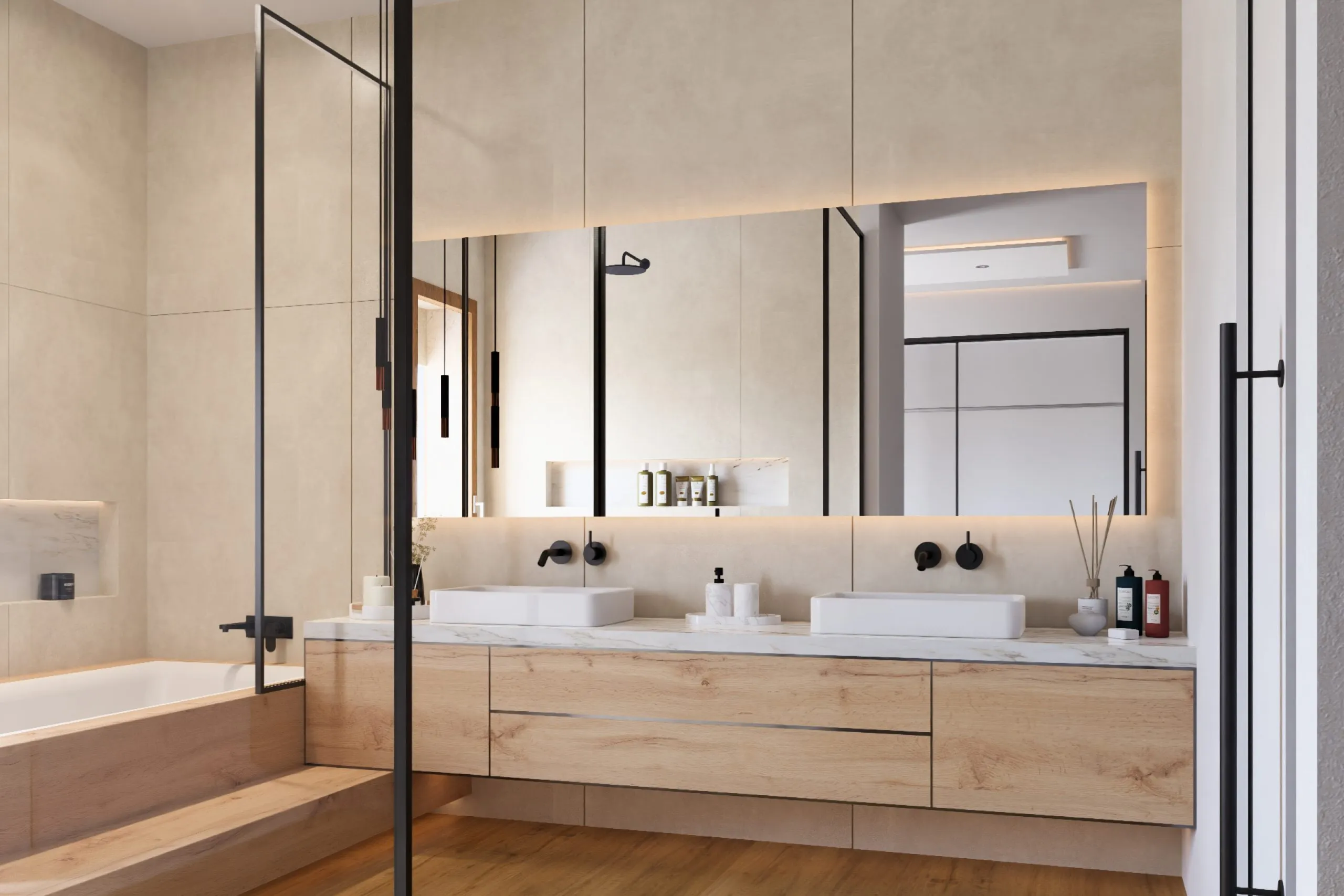 Baño con doble lavabo sobre mueble de madera, vivienda Murillo