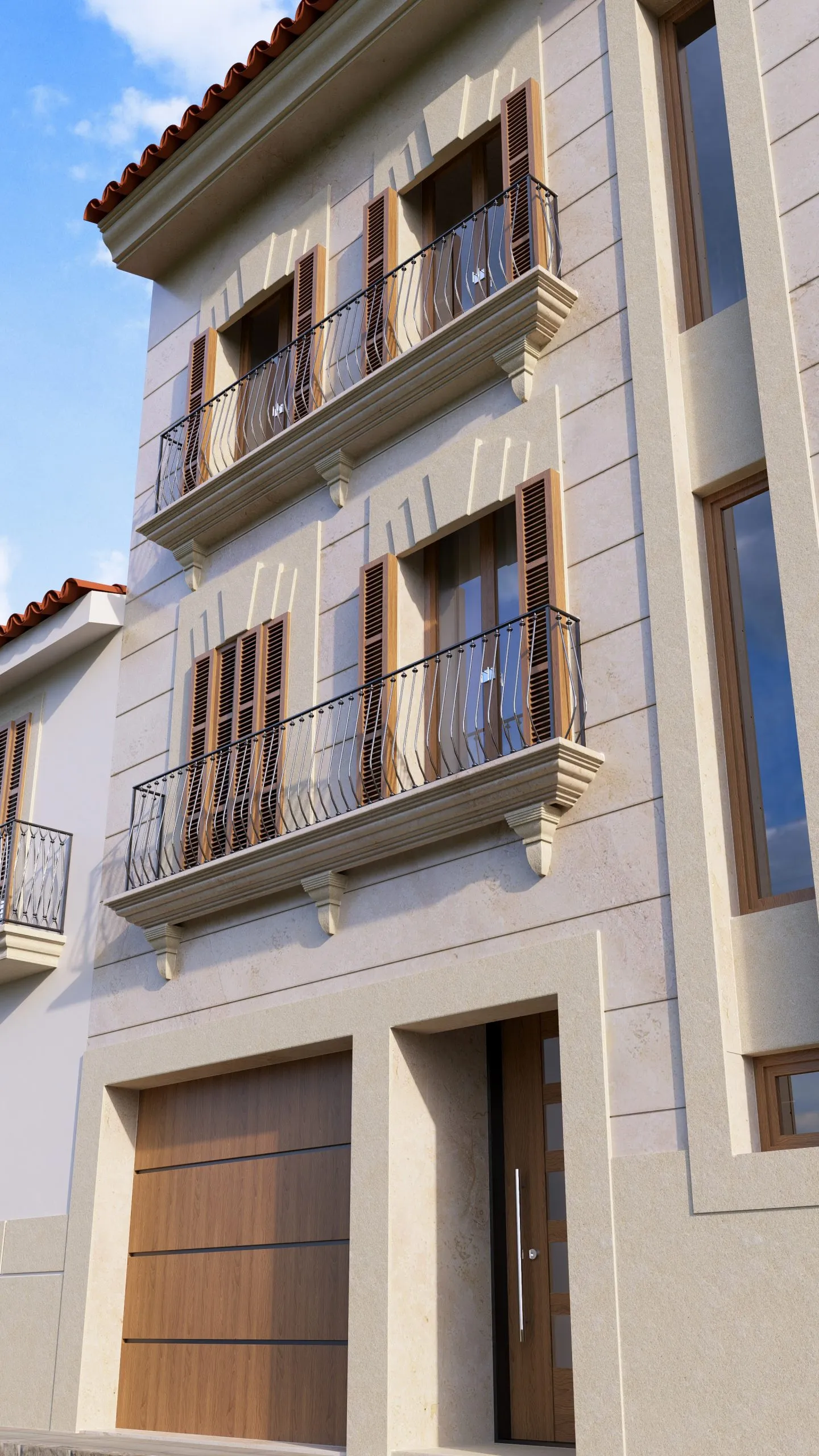 Detalle de balcones y puerta de garaje de la vivienda Murillo, Palma